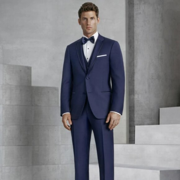 Mens Vested Slim Fit Two Button Trim Notch Tuxedo Navy - Picture 1 of 2